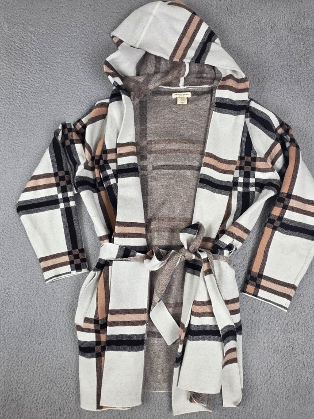 Christian Siriano NY Hooded Cardigan Pockets Tie Belt Tartan Plaid Tan Black 1X - Picture 1 of 3
